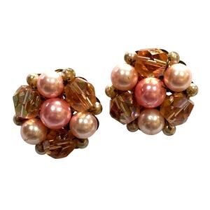 Vintage clip on earrings pink pearl beads & crystal round clusters Made in Japan